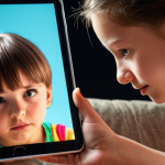 A compassionate counselor empathetically observes a young child, deeply engrossed in a digital device (smartphone/tablet), with reflections of vibrant online game or social media content on the child's face. The scene merges the real world with the digital, symbolizing the effort to understand digital natives' complex emotions and experiences. Soft, natural lighting, with a slightly futuristic yet warm atmosphere.