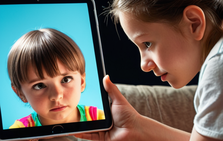 A compassionate counselor empathetically observes a young child, deeply engrossed in a digital device (smartphone/tablet), with reflections of vibrant online game or social media content on the child's face. The scene merges the real world with the digital, symbolizing the effort to understand digital natives' complex emotions and experiences. Soft, natural lighting, with a slightly futuristic yet warm atmosphere.