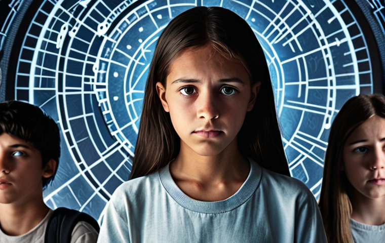 **Prompt 1:** A compassionate youth counselor, male or female, acts as a guiding light or compass for a diverse group of modern teenagers. The teenagers show signs of anxiety or being overwhelmed, surrounded by subtle, abstract digital elements like blurred social media icons, fragmented data streams, or glow lines, symbolizing contemporary challenges. The counselor gently extends a hand or gazes with understanding, emanating warmth and hope. The setting is bright and calm, suggesting a safe space amidst a complex, evolving world. Focus on empathetic connection and a sense of finding direction.