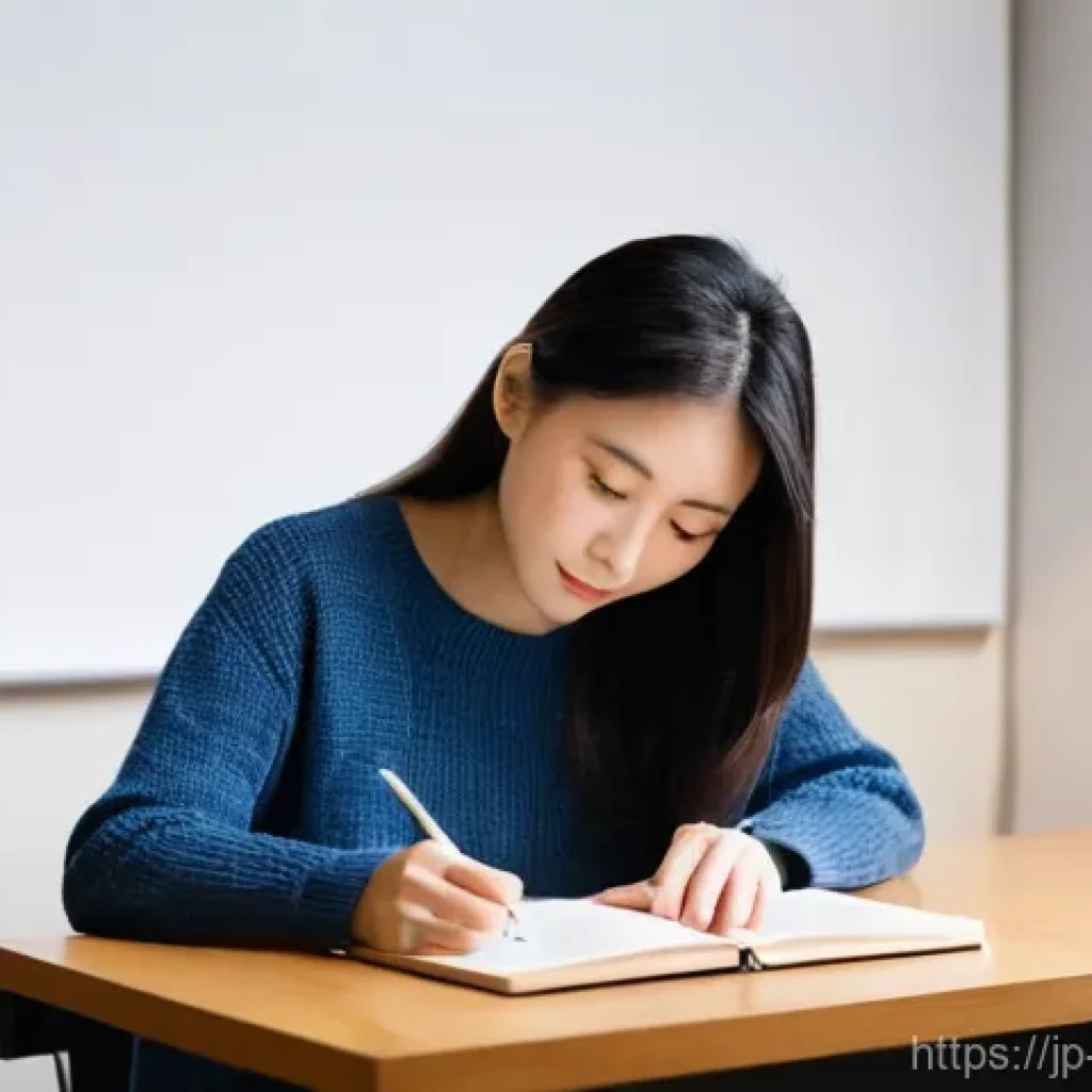 청소년상담사 시험 준비 자료와 참고 도서 - **Prompt:** A young Japanese woman, in her early 20s, sits at a clean, well-lit wooden desk. She is ...
