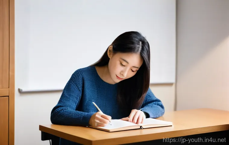 청소년상담사 시험 준비 자료와 참고 도서 - **Prompt:** A young Japanese woman, in her early 20s, sits at a clean, well-lit wooden desk. She is ...