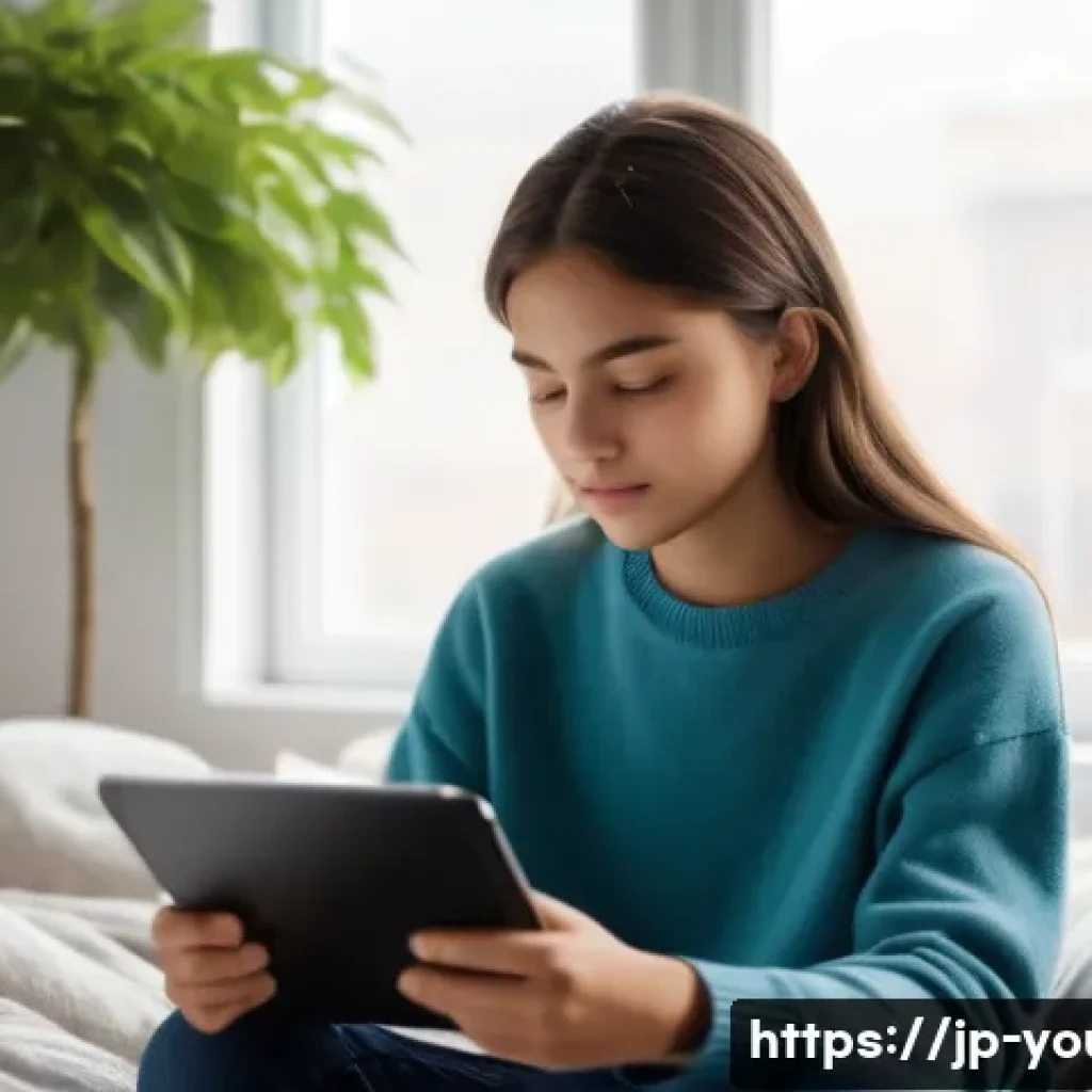 청소년상담사 해외 사례 연구 - **Digital Native's Online Counseling Moment**
A realistic, slightly soft-focus medium shot of a ...