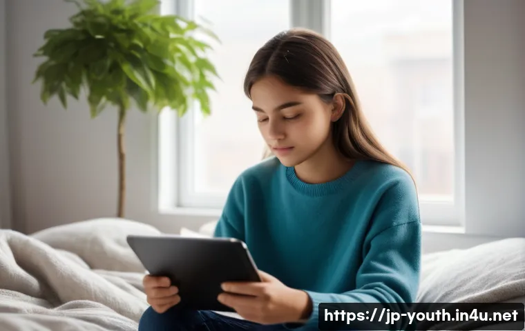 청소년상담사 해외 사례 연구 - **Digital Native's Online Counseling Moment**
    A realistic, slightly soft-focus medium shot of a ...