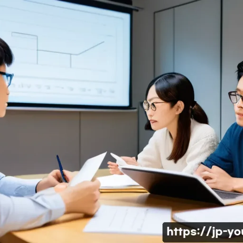 청소년상담사 자격증 공부를 위한 그룹 스터디 - A diverse Japanese study group of young adults sitting around a table in a modern room, actively dis...
