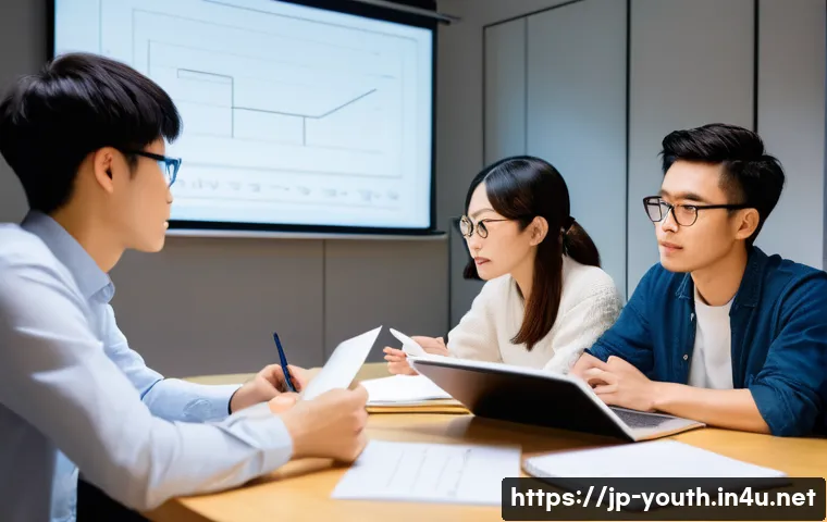 청소년상담사 자격증 공부를 위한 그룹 스터디 - A diverse Japanese study group of young adults sitting around a table in a modern room, actively dis...
