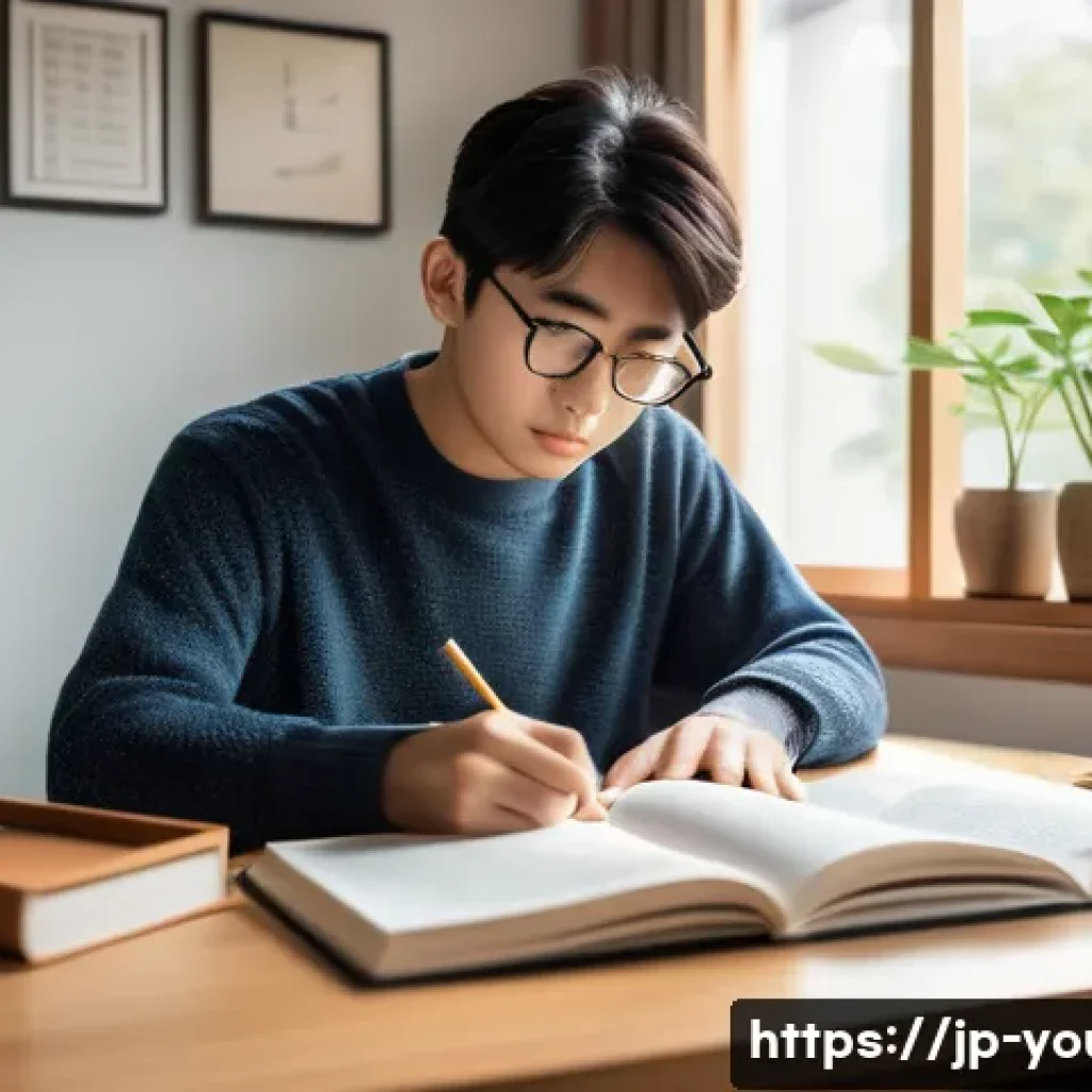 청소년상담사 자격증 합격 수기 모음 - A focused young Japanese adult studying at a clean, modern desk with textbooks and notebooks open, w...