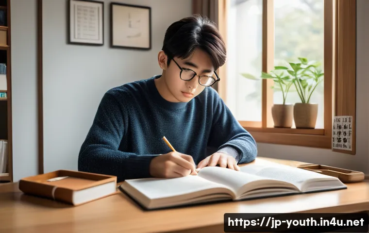 청소년상담사 자격증 합격 수기 모음 - A focused young Japanese adult studying at a clean, modern desk with textbooks and notebooks open, w...