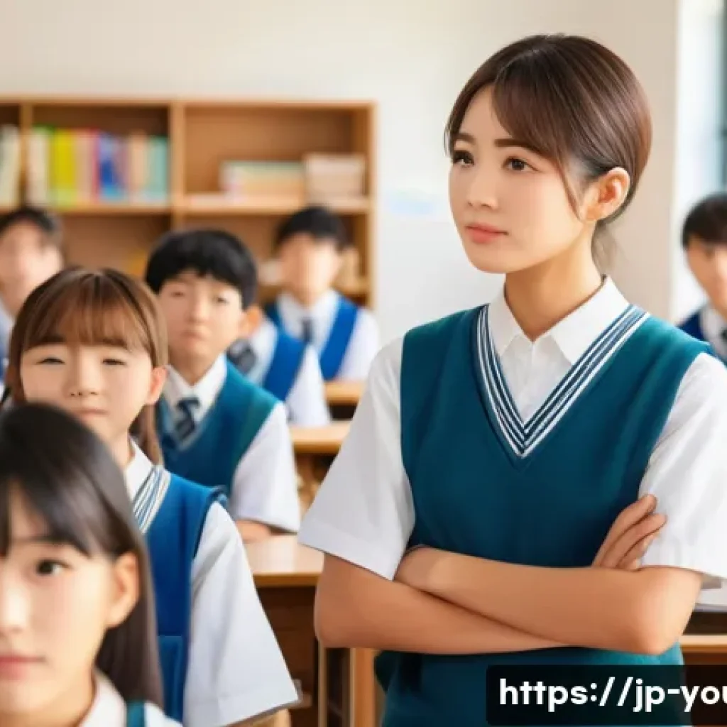 청소년상담사 자격증과 관련된 직업군 - A compassionate youth counselor in a modern Japanese school setting, attentively listening to a dive...