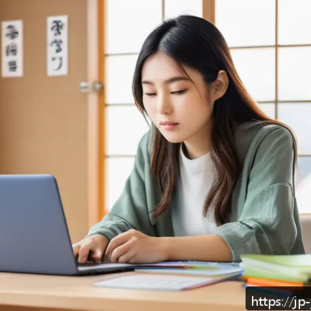 청소년상담사 자격증 시험 난이도 분석 - A focused young Japanese woman studying at a tidy desk in a modern room, surrounded by neatly arrang...