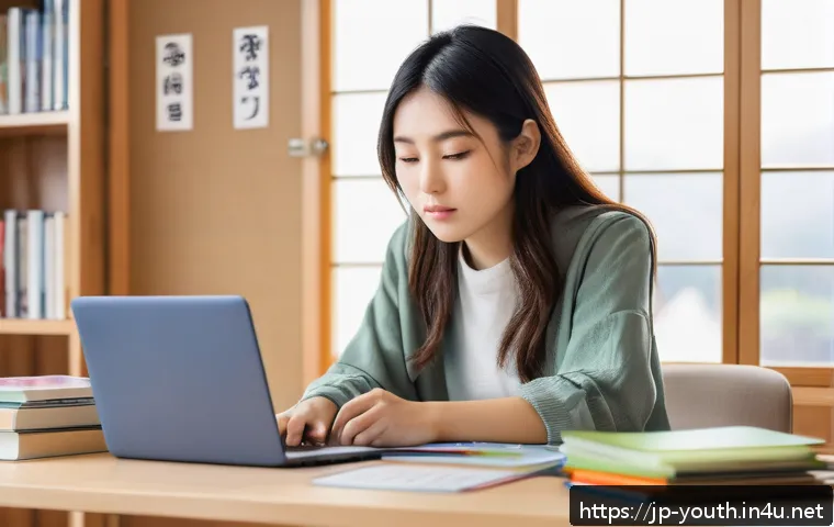 청소년상담사 자격증 시험 난이도 분석 - A focused young Japanese woman studying at a tidy desk in a modern room, surrounded by neatly arrang...