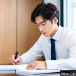 청소년상담사 면접 준비 체크리스트 - A professional young Japanese person in their early 20s, dressed in a neat, wrinkle-free dark navy s...