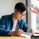 청소년상담사 시험의 고득점 비법 공개 - A focused young Japanese adult studying at a tidy desk in a bright, modern room with a large window ...