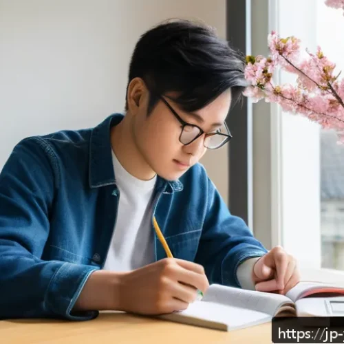 청소년상담사 시험의 고득점 비법 공개 - A focused young Japanese adult studying at a tidy desk in a bright, modern room with a large window ...