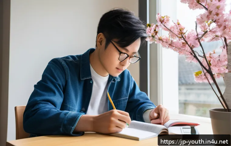 청소년상담사 시험의 고득점 비법 공개 - A focused young Japanese adult studying at a tidy desk in a bright, modern room with a large window ...