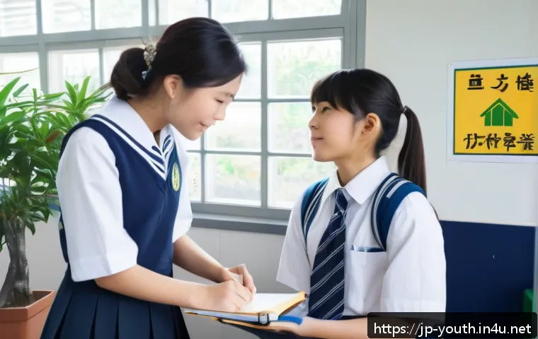 청소년상담사 자격증 취득 후 진로 탐색 방법 - A warm and welcoming Japanese middle school counseling room scene, featuring a young female youth co...