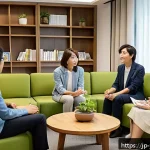 청소년상담사 커뮤니티에서 배우는 것 - A warm and supportive community of diverse counselors gathered in a cozy, modern meeting room, engag...