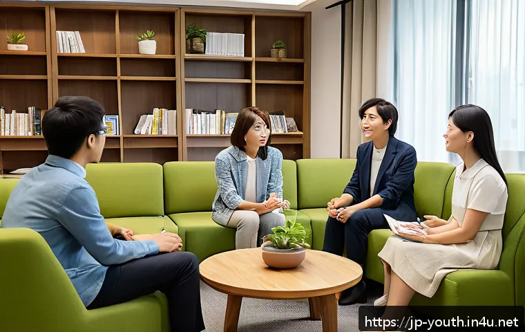 청소년상담사 커뮤니티에서 배우는 것 - A warm and supportive community of diverse counselors gathered in a cozy, modern meeting room, engag...