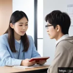 청소년상담사 자격증 소지자의 경험담 - A professional Japanese youth counselor in a modern office setting, attentively listening to a teena...