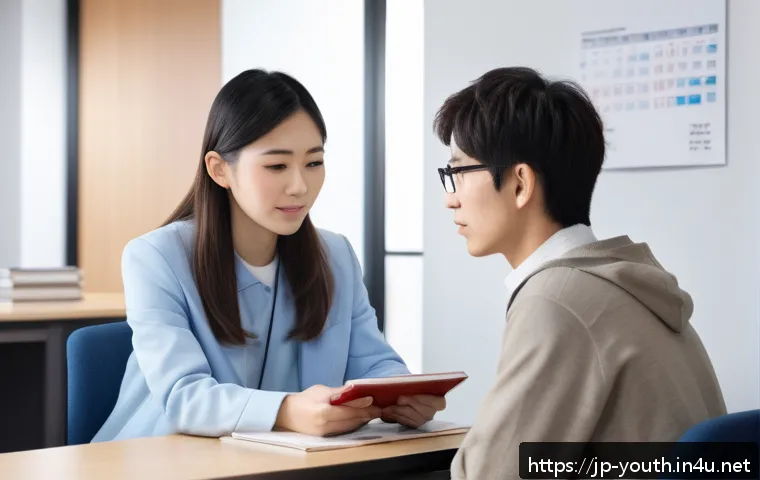 청소년상담사 자격증 소지자의 경험담 - A professional Japanese youth counselor in a modern office setting, attentively listening to a teena...