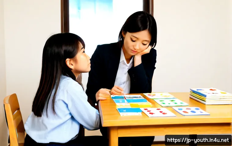 청소년상담사와 청소년 발달심리학의 관계 - Photorealistic school counseling session in Japan, a compassionate Japanese youth counselor seated a...